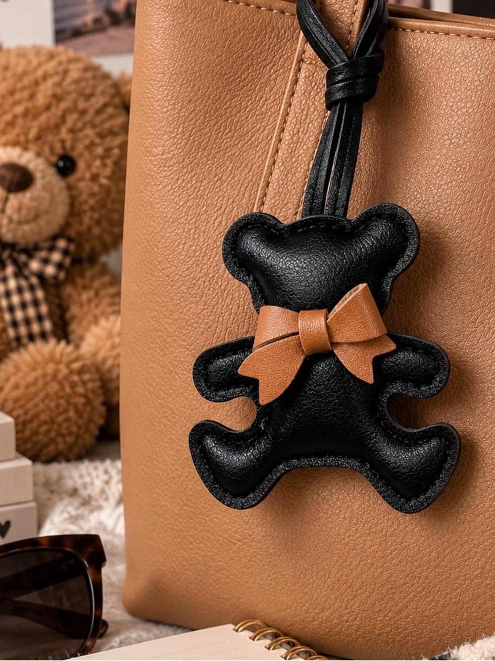 Black Teddy Bear Bag Charm with Brown Bow